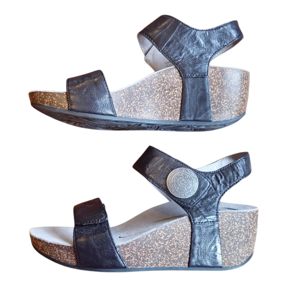 ABEO‎ B.I.O.Systems UNA Black Comfort Leather Boho Wedge Cork Sandals 9N Narrow